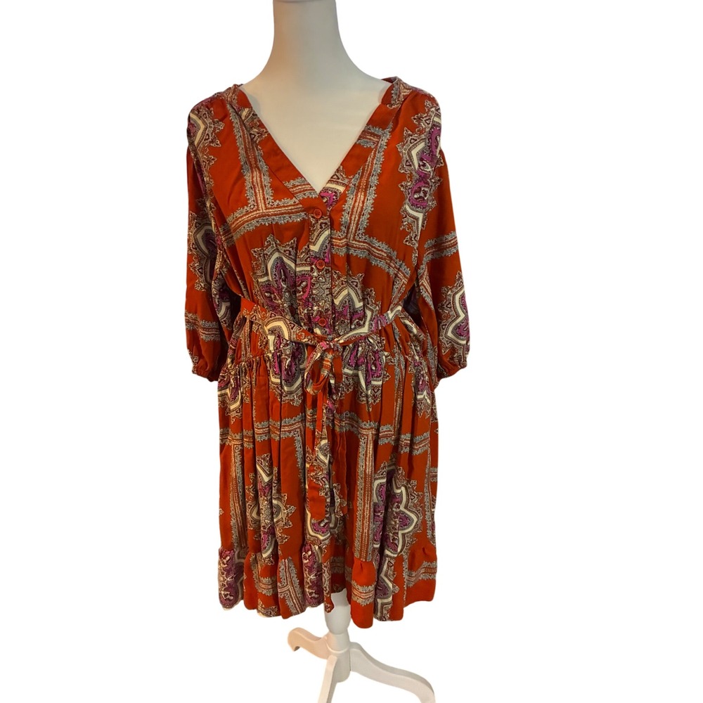 Porridge Rust Orange Paisley Boho Button Front Tie Waist Dress XL